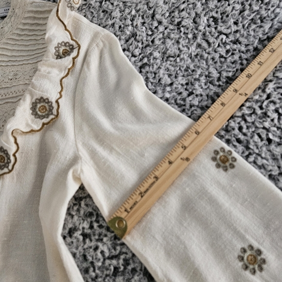 Zara Beige Boho Blouse XS Long Sleeves Ruffled Embroidered Romantic Top - Picture 15 of 16